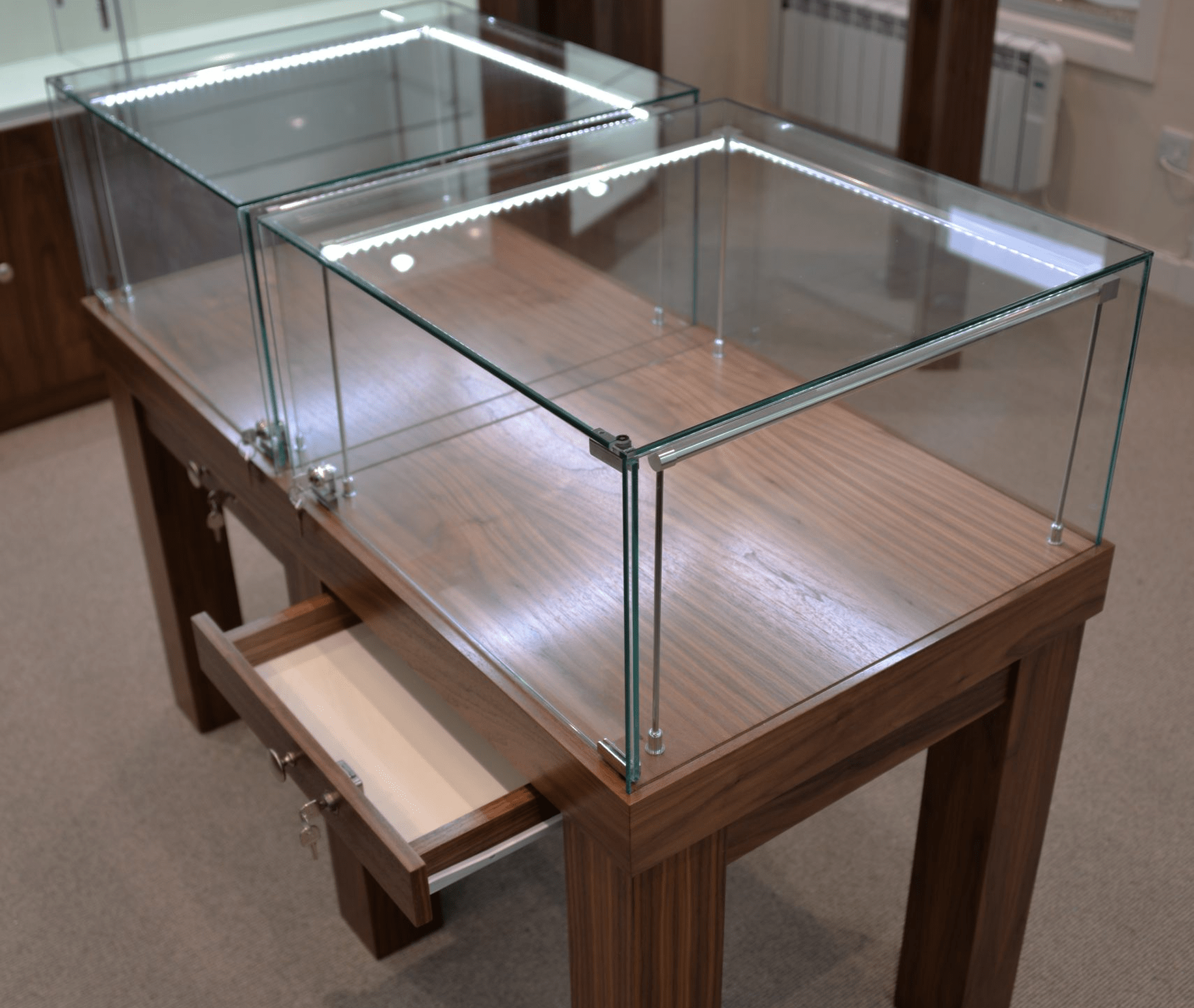 Glass display cabinet showcase with trophies and collectibles